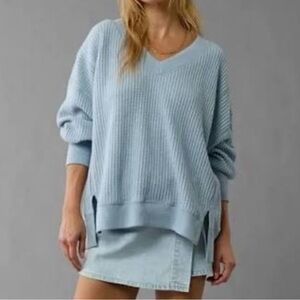 AMERICAN EAGLE Cozy Waffle Light Blue V-Neck Sweater